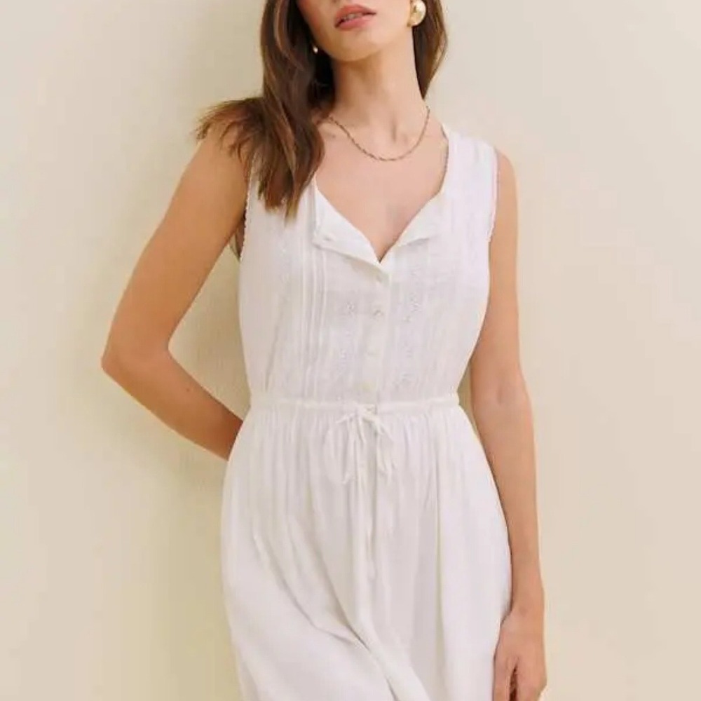 Reformation | Lonnie Embroidered Lace Cotton Blend Midi Dress in White | Size 0 - Picture 2 of 9